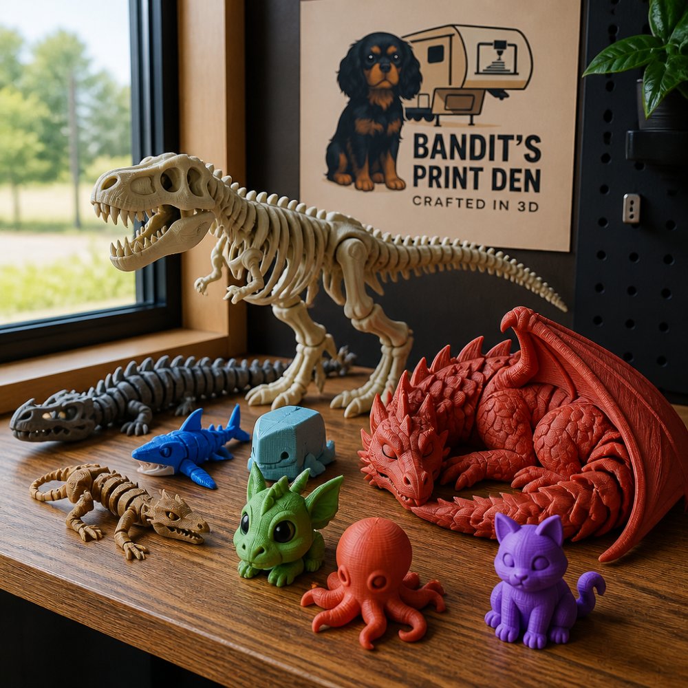 Colorful articulated 3D printed figures like dragons and dinosaurs on a wooden desk as an alternative for unique figures