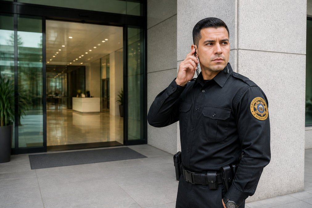 A professional, uniformed security officer standing at a modern commercial building entrance, speaking into a radio earpiece, with a lobby visible through glass doors behind him