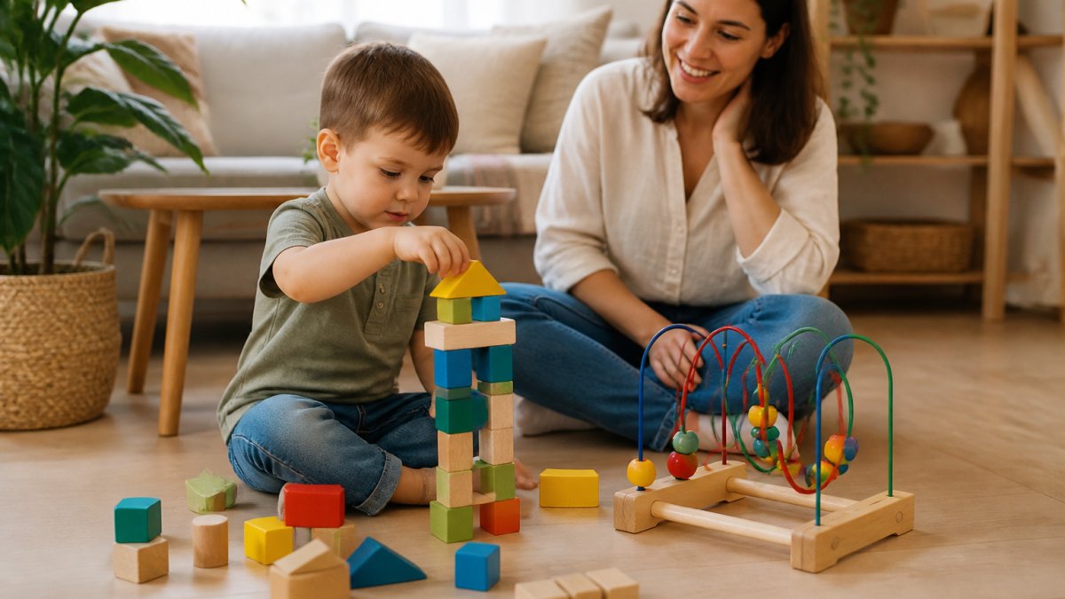 A young child sitting on a light wood floor, stacking colorful wooden blocks and a wooden bead maze, with a parent nearby smiling in a bright, natural-lit living room
