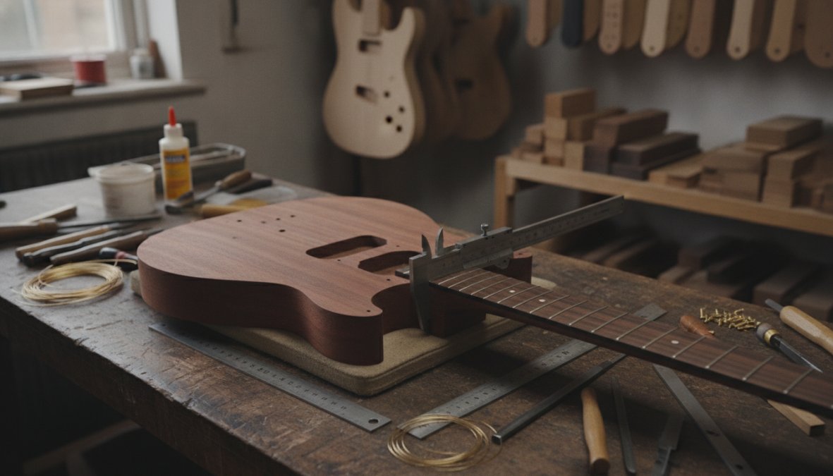 Skilled luthier hand-crafting a guitar body in a workshop, carefully shaping tonewoods with precision hand tools and measuring instruments, natural light from large windows illuminating the work
