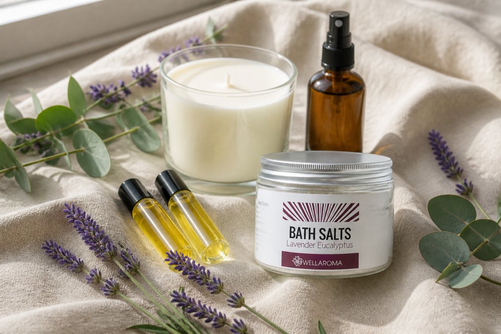 Flat lay arrangement of essential oil rollers, scented candles, bath salts, and pillow spray on soft neutral linen fabric with fresh lavender sprigs and eucalyptus leaves, natural window lighting