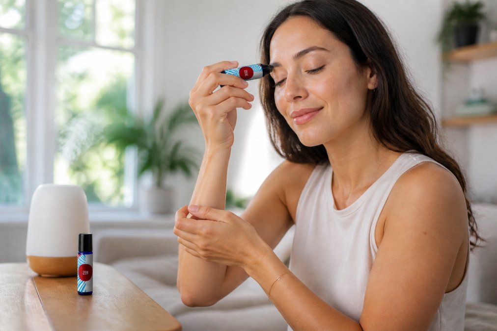 Woman applying essential oil roller to her wrist and temple while seated in a bright, calm space with a diffuser visible in soft-focus background, natural afternoon lighting through windows