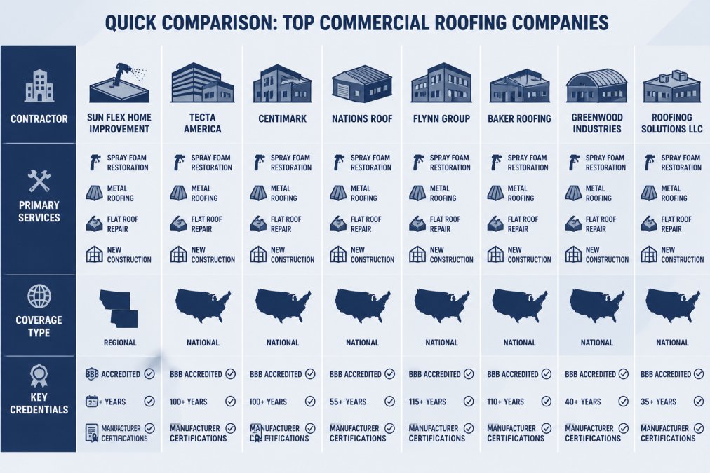Feature comparison matrix showing contractor names (Sun Flex Home Improvement, Tecta America, CentiMark, Nations Roof, Flynn Group, Baker Roofing, Greenwood Industries, Roofing Solutions LLC), primary services (spray foam restoration, metal roofing, flat roof repair, new construction), coverage type (regional vs. national), and key credentials (BBB accreditation, years in business, manufacturer certifications)