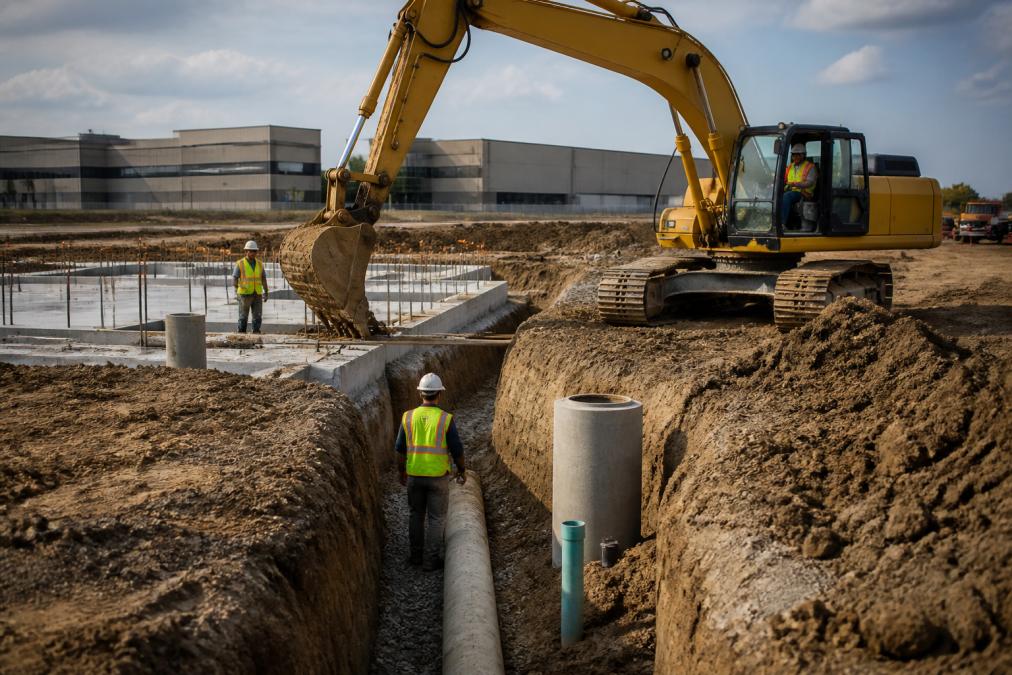 A site development crew in safety gear operating an excavator on a commercial construction site in Metro Detroit, with a concrete foundation and utility trench visible