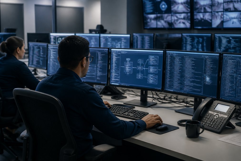 Healthcare IT security team monitoring threat detection alerts across multiple screens in a modern security operations center with focused concentration and dim blue lighting