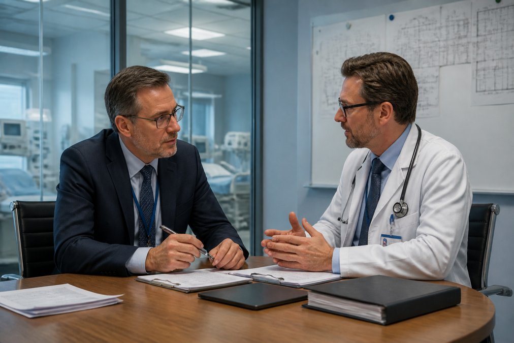 Healthcare CISO and IT director discussing cybersecurity strategy in hospital conference room with network architecture diagrams visible on whiteboard and professional focus