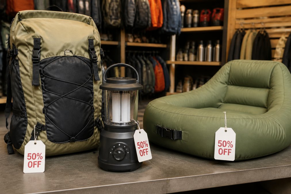 Close-up of outdoor gear items including a waterproof backpack, camping lantern with adjustable dial, and inflatable couch displayed on neutral surface with price tags clearly visible
