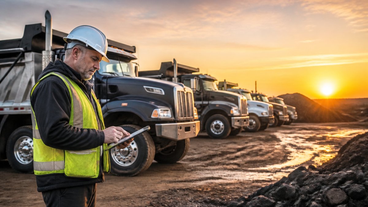 Foreman reviewing financing documents on a tablet near a dump truck lender fleet at sunrise