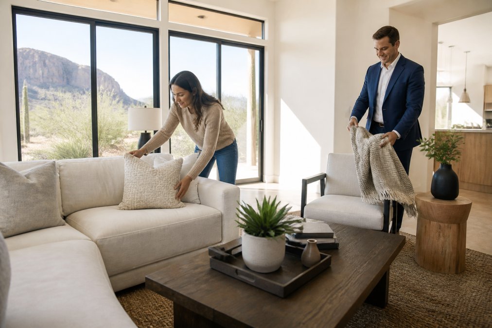 Real estate agent and homeowner decluttering a bright living room to prepare for real estate photography.