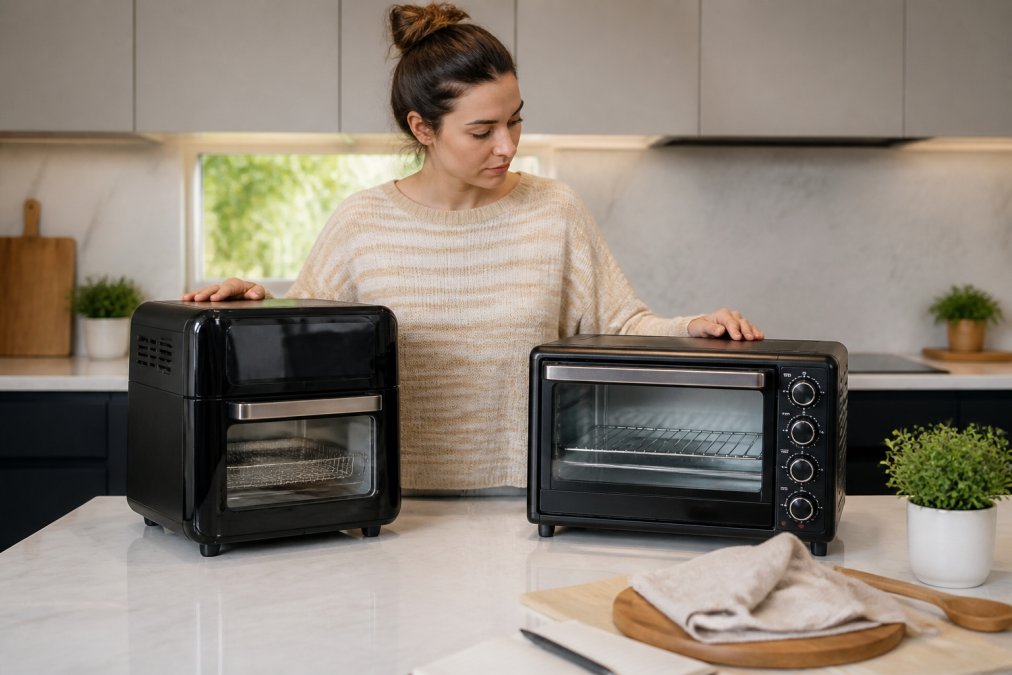 A person standing at a kitchen worktop comparing a compact air fryer oven and a small countertop toaster oven placed side by side, examining both products in a well-lit modern kitchen