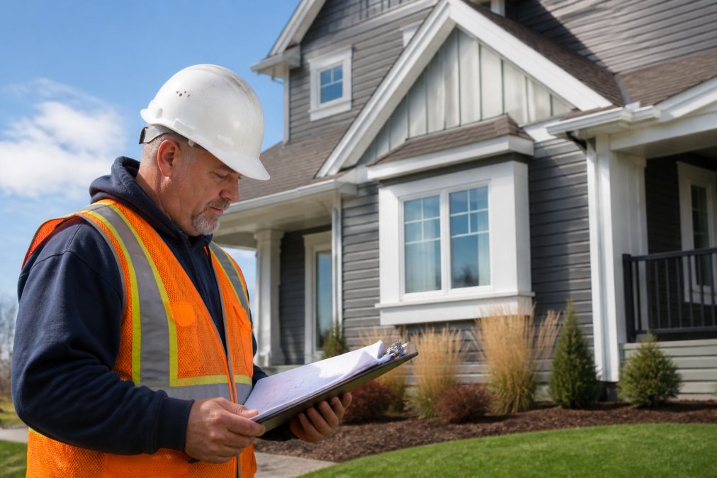 A contractor in a hard hat and work vest reviewing renovation plans on a clipboard while standing in front of a freshly sided residential home on a sunny day
