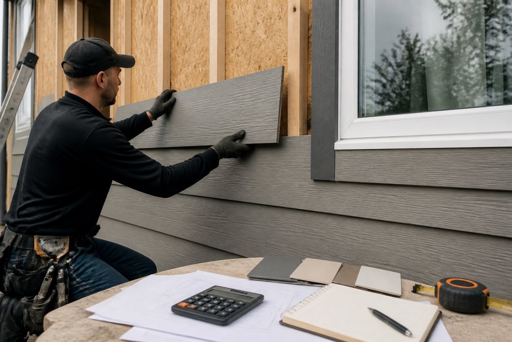Close-up of a worker installing Hardie board siding panels on the exterior wall of a suburban home, with tools and material samples visible nearby