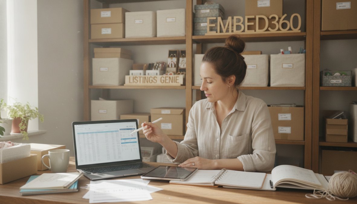 Small business owner reviewing real-time inventory data on a laptop and tablet in a home office workspace with organized storage shelves and product samples visible in the background