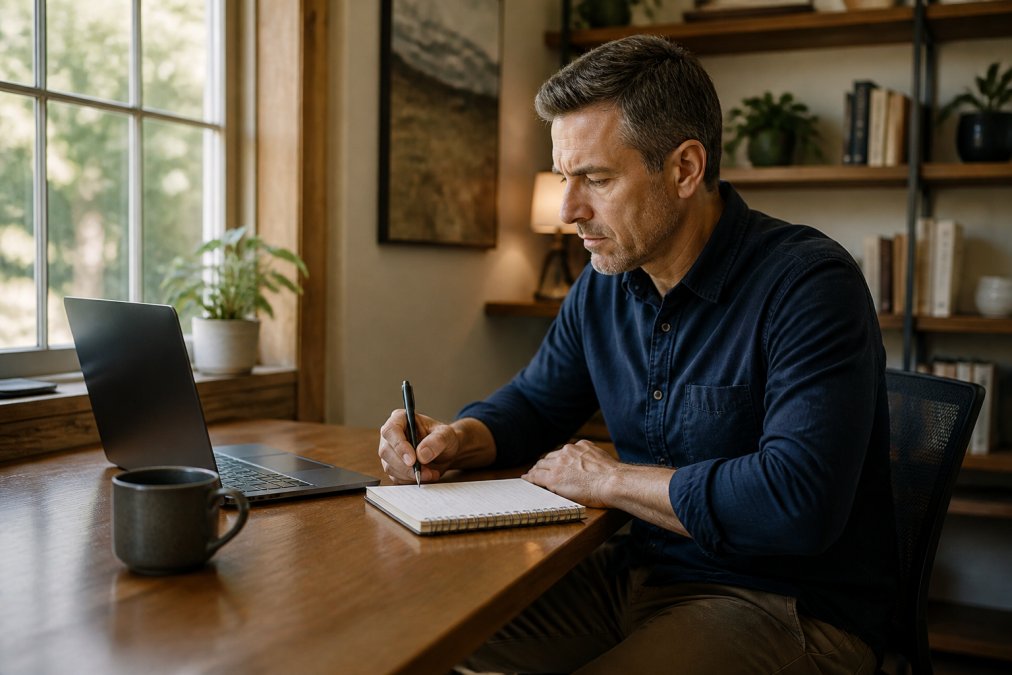 Small business owner taking notes during a video call for leadership training programs in a home office.