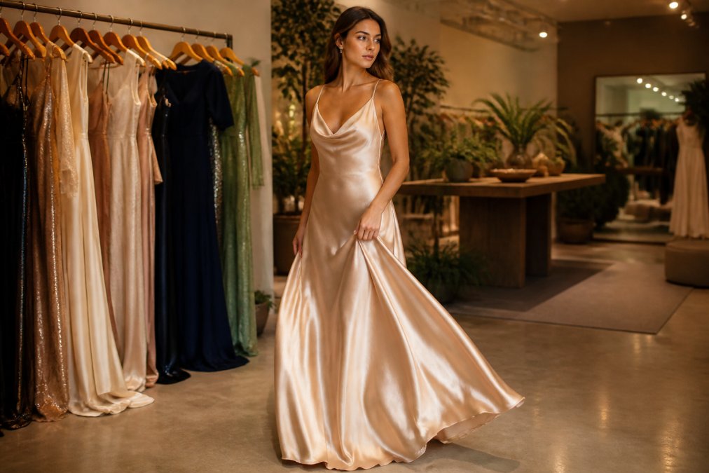 Elegant woman wearing a flowing satin luxury evening wear gown in a softly lit boutique setting.