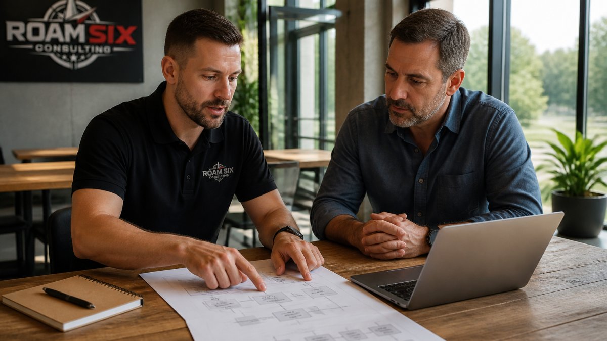 A business consultant and a small business owner reviewing growth plans at a table in a bright modern office, printed process maps and a laptop open between them, natural window light