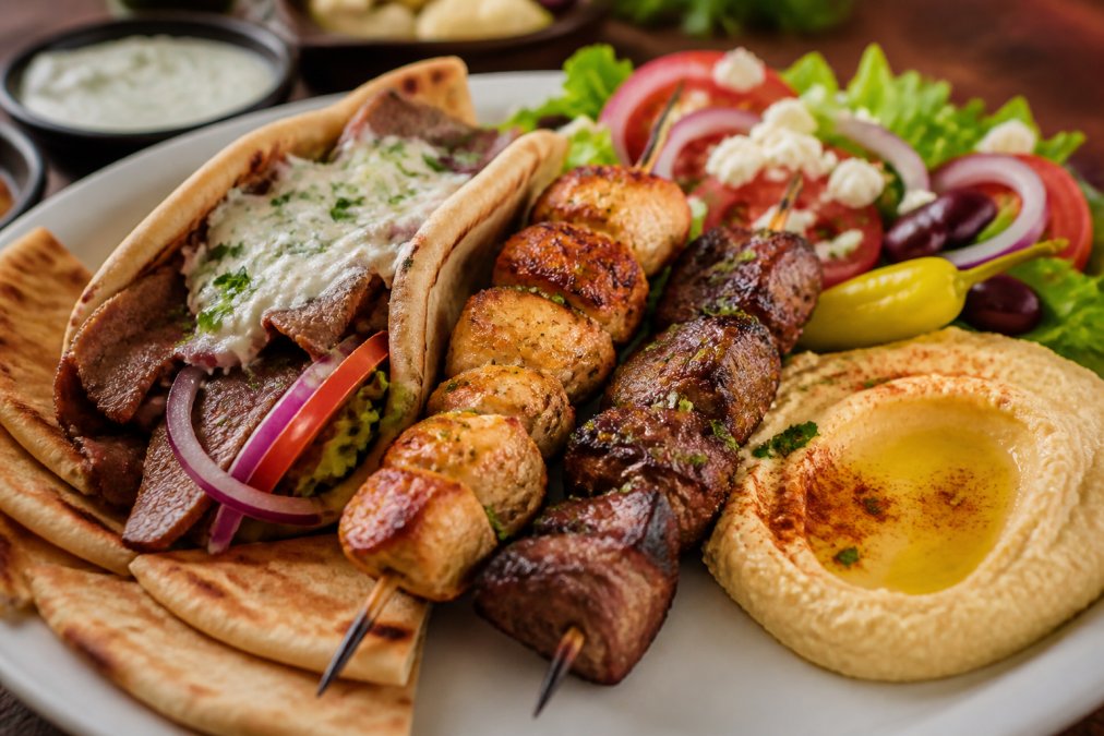 Close-up of freshly prepared Mediterranean dishes including char-grilled lamb gyro, chicken kebabs, and hummus with warm pita bread and fresh vegetables arranged on a plate