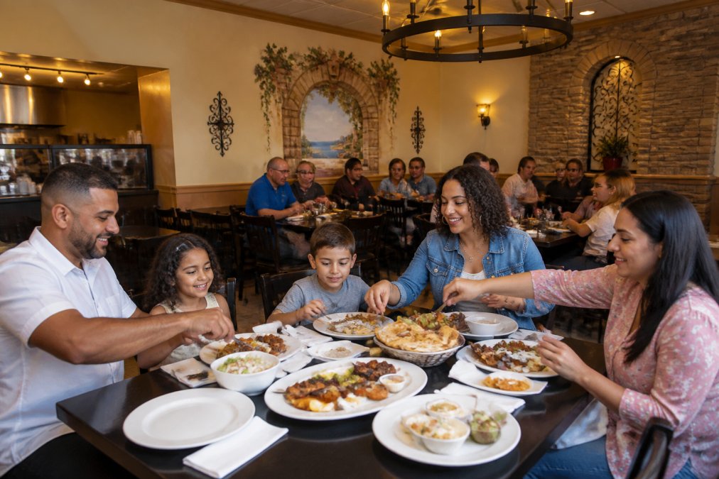 Welcoming Mediterranean restaurant interior with families and diners enjoying meals together at tables, warm ambient lighting, and casual Mediterranean decor with traditional elements