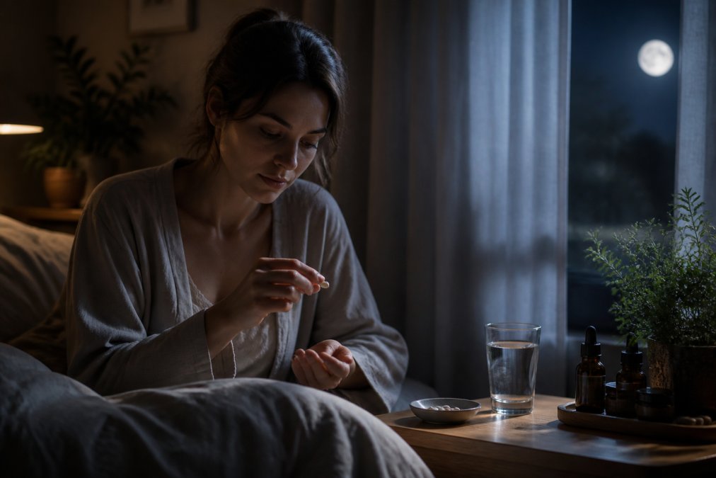 Glass of water and natural sleep supplements on a wooden nightstand by moonlight