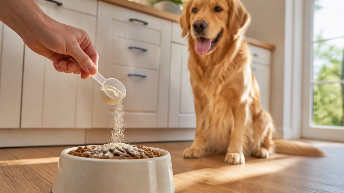 A happy golden retriever watches as dental powder is sprinkled onto kibble in a sunlit kitchen.