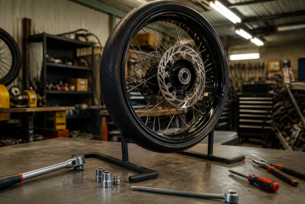 Anodized supermoto wheels mounted on a garage stand with tools ready for installation on a workbench.