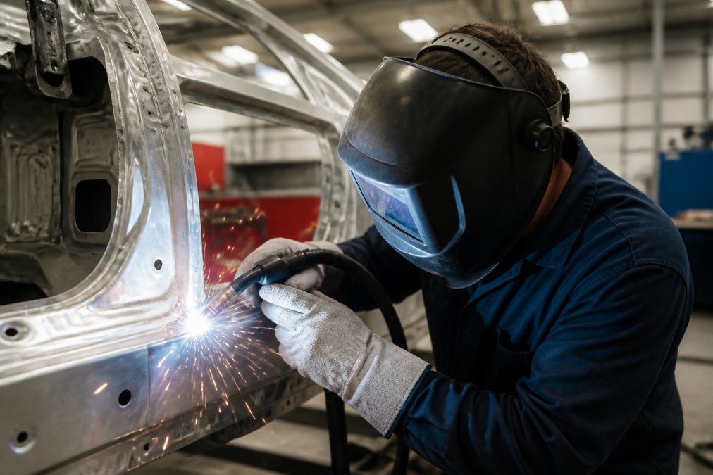 A professional welder in a modern auto body shop laying a weld bead on an aluminum panel, sparks flying from the torch, protective helmet and gloves visible, bright overhead workshop lighting