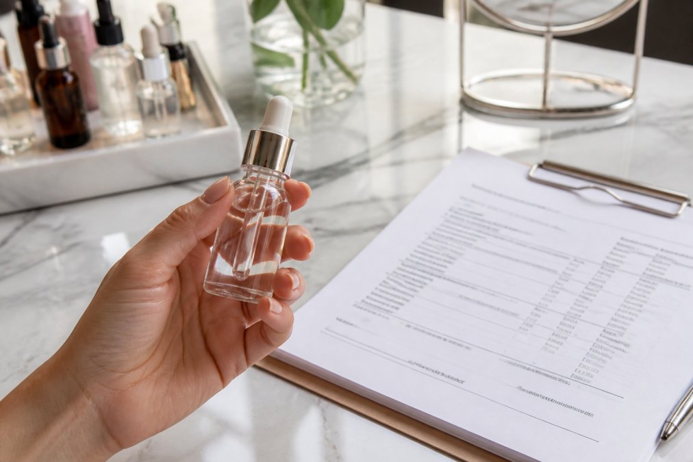 Woman holding an anti aging serum bottle near a clinical lab report on a marble vanity