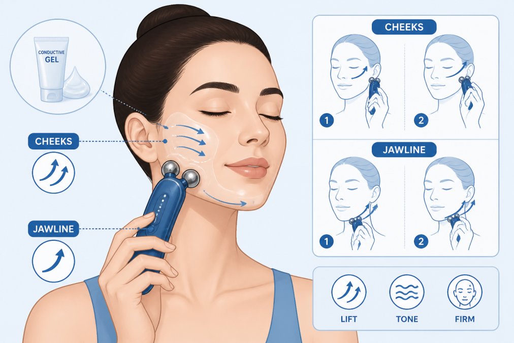 Mujer aplicando un dispositivo de microcorriente en mejillas y línea de la mandíbula con gel conductor, demostrando la técnica adecuada con iluminación natural suave