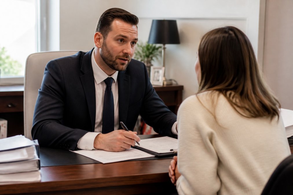 A professional bail bondsman in a suit speaking with a relieved family member at a clean, well-lit office desk, paperwork visible