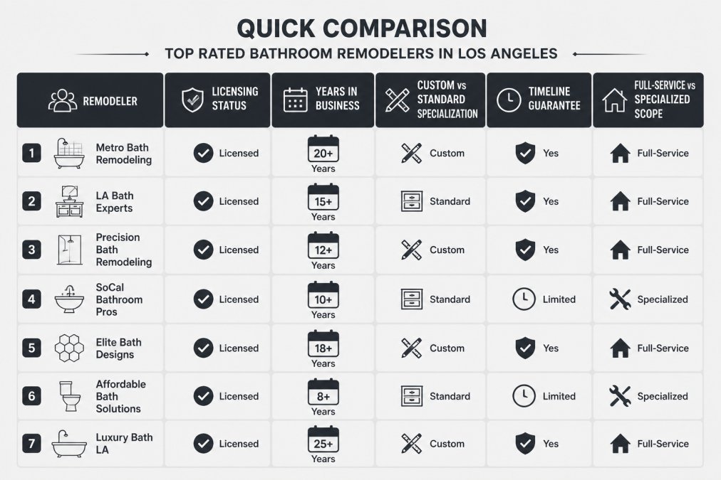 Feature comparison matrix of seven Los Angeles bathroom remodelers scored against five criteria: licensing status, years in business, custom vs standard specialization, timeline guarantee, and full-service vs specialized scope