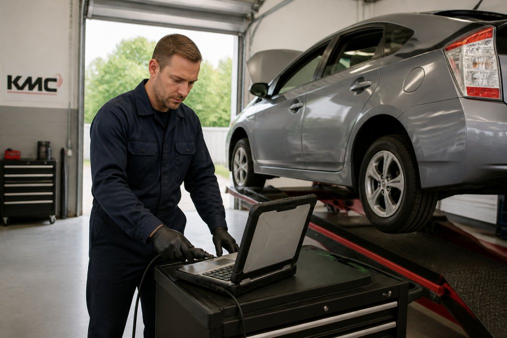 Mechanic using a laptop for hybrid diagnostics Kettering in a clean, bright independent garage workshop.