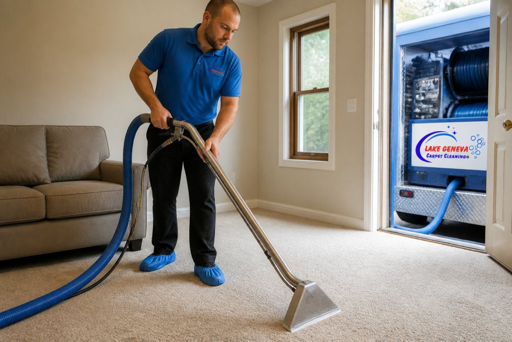 Professional technician using truck-mounted hot water extraction equipment on residential carpet, holding the cleaning wand as hot water and extracted moisture flow from the carpet fibers into collection tanks
