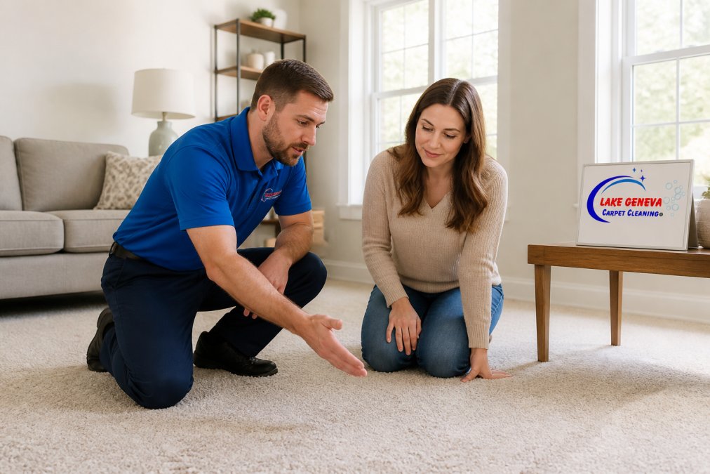 Carpet cleaning professional in uniform inspecting carpet condition and discussing service details with a homeowner in a residential living room, with natural light from windows