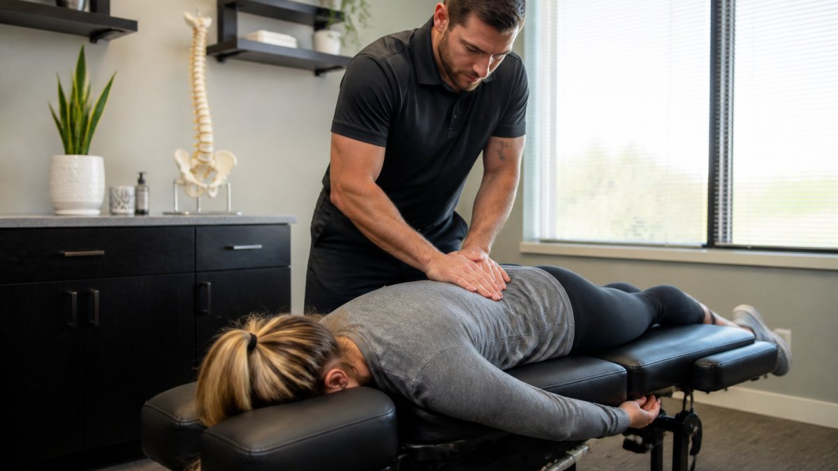 Chiropractor performing spinal assessment on patient lying face-down on treatment table in modern clinical setting with soft overhead lighting