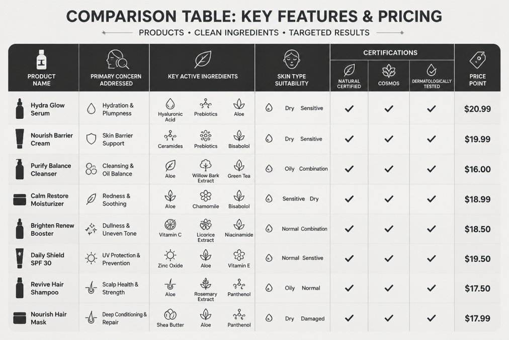 Comparison table detailing features, active ingredients, and pricing for various skincare product formulations.