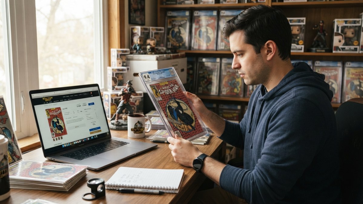 Collector examining a CGC-graded comic book slab while seated at a desk with a laptop displaying an online auction interface in natural daylight