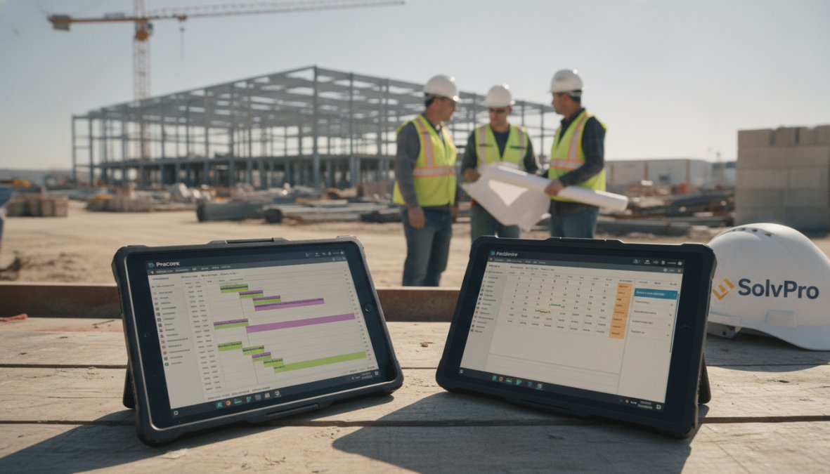 Construction team reviewing project schedule on a tablet at a jobsite with blueprints, safety equipment, and equipment visible in background under natural daylight
