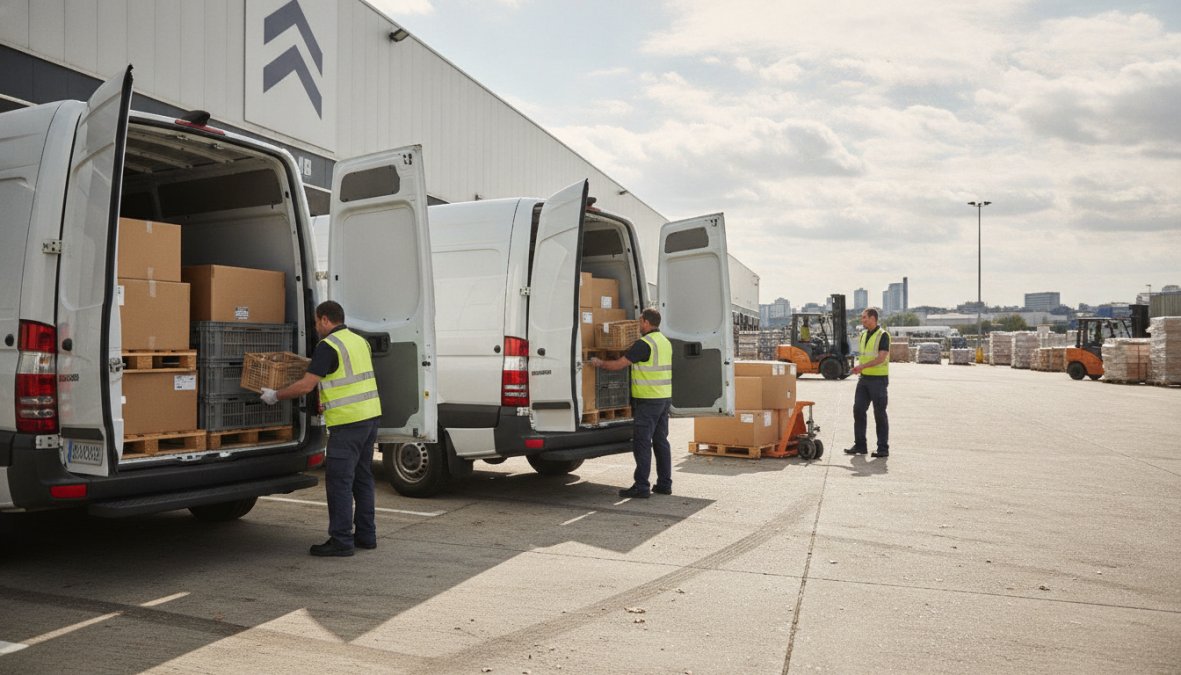 Modern crew van parked at a logistics distribution centre with drivers loading cargo through the rear doors, natural daylight illuminating the warehouse setting