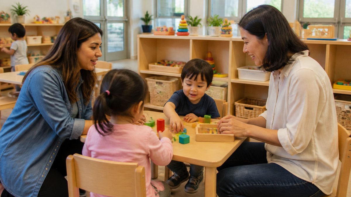Parent and caregiver interacting warmly with children in a bright classroom during daycare tour, with age-appropriate toys and learning materials visible on shelves and play areas