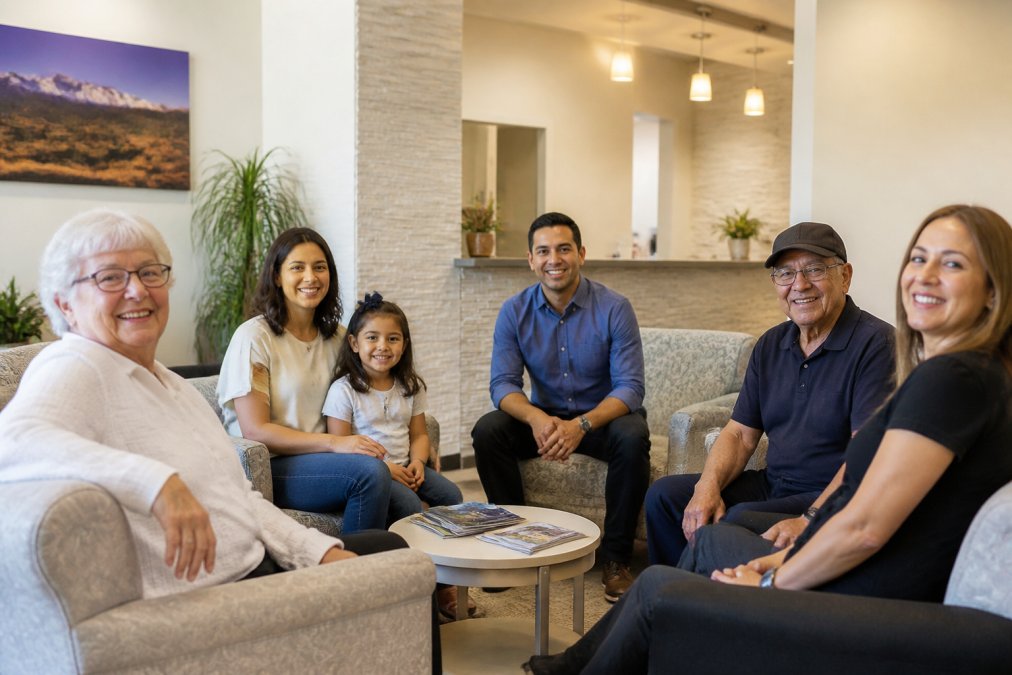 Smiling patients of various ages in a bright, modern dental office reception area with welcoming decor and contemporary furniture