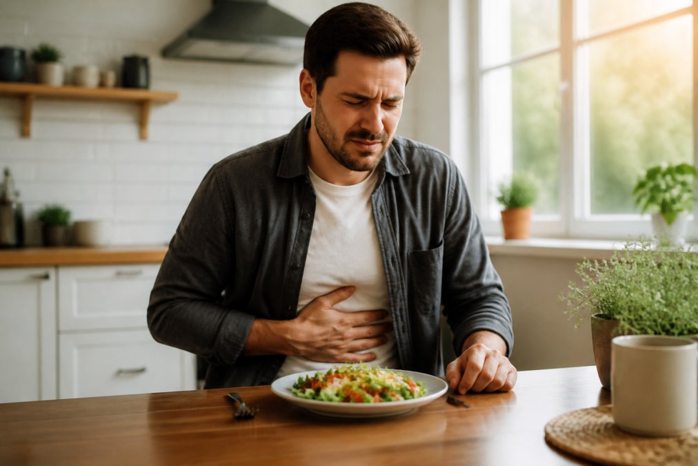 A person in their mid-30s sitting at a kitchen table, pressing a hand against their stomach with a pained expression while an untouched healthy salad sits on a plate in front of them, soft morning light through a window