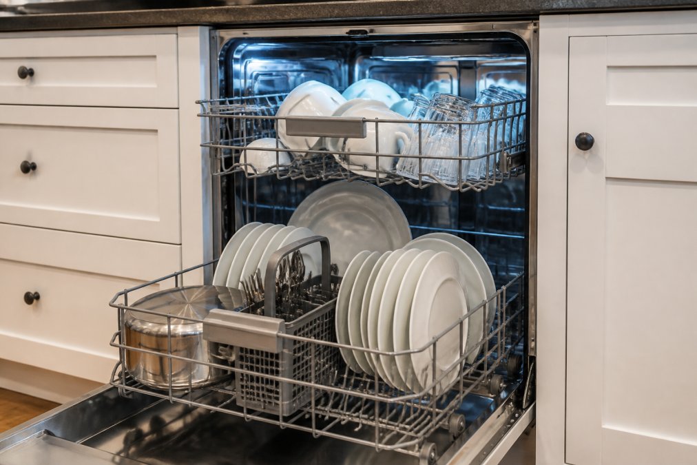 Open stainless steel dishwasher with clean dishes organized on adjustable racks, showing full loading capacity and interior clarity with bright interior lighting
