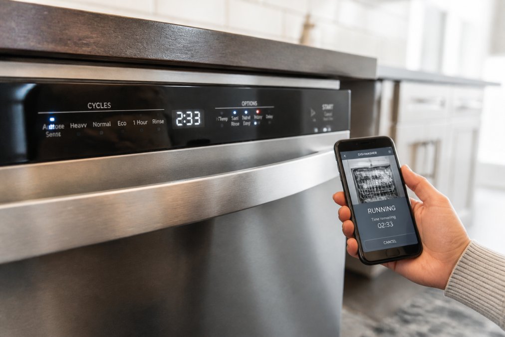 Close-up of dishwasher control panel with digital display showing cycle options, adjustable settings, and smartphone displaying connected smart app interface nearby