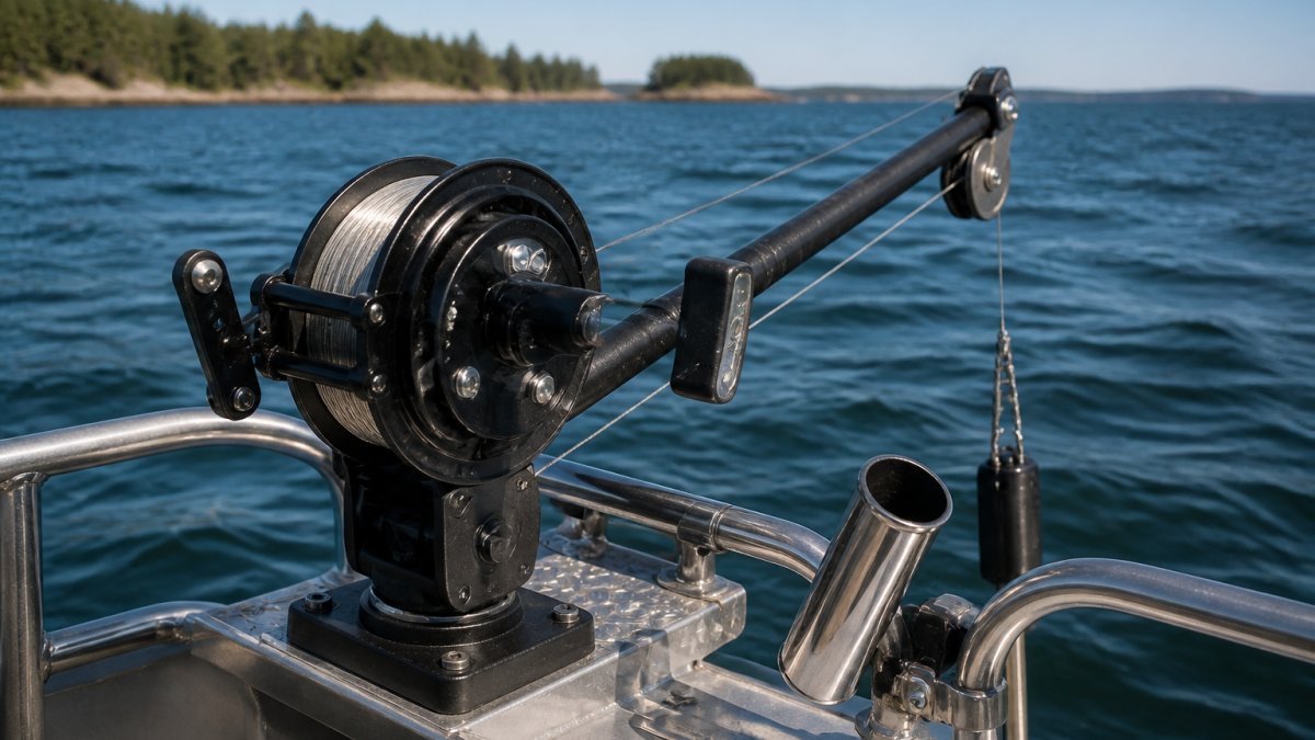 Infographic illustrating corrosion-resistant stainless steel components on a saltwater downrigger system