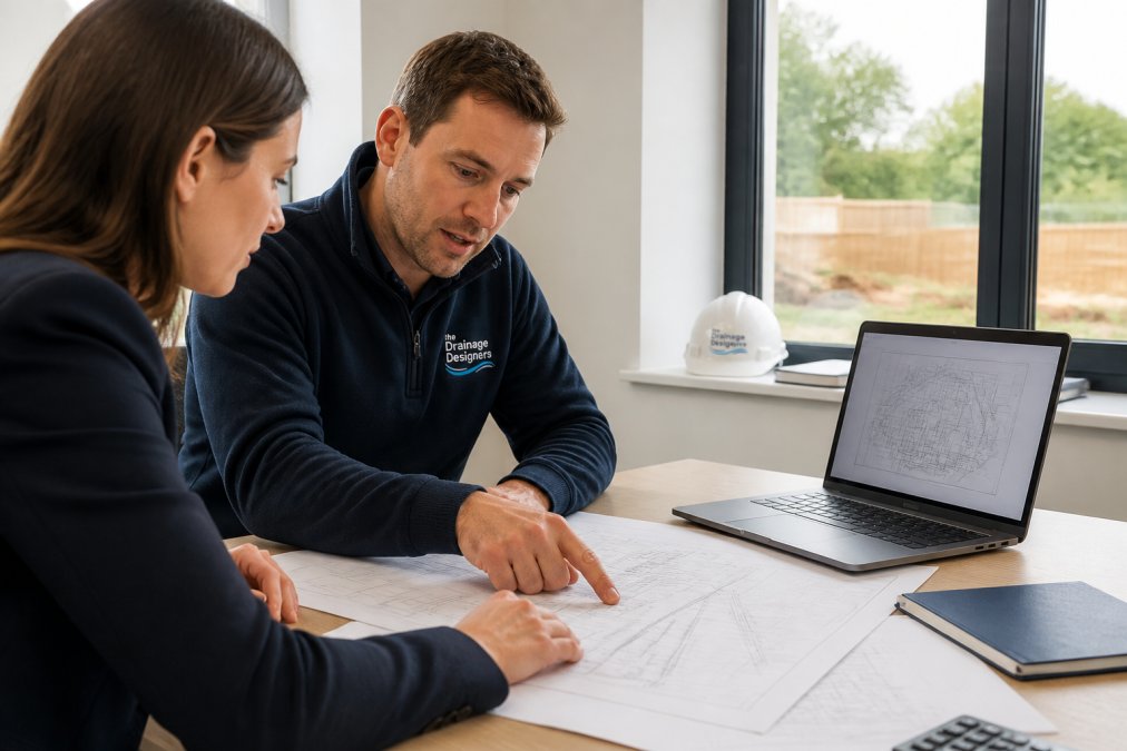 An architect and a drainage consultant reviewing blueprints together at a site meeting, with a laptop showing a drainage design plan, natural daylight through an office window