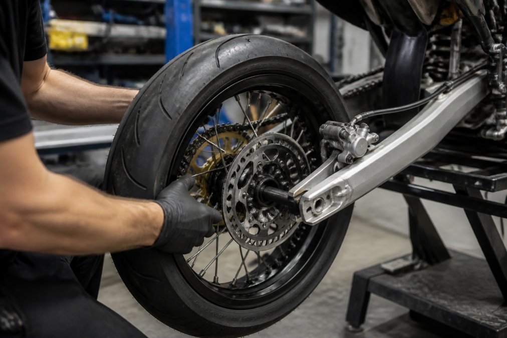 Step-by-step diagram for electric dirt bike shops supermoto wheel installation showing rotor and hub alignment
