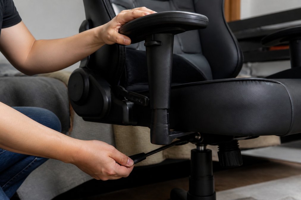 Close-up of a person's hands adjusting the height lever on a black gaming chair armrest, with the padded seat and backrest visible in soft indoor lighting behind them