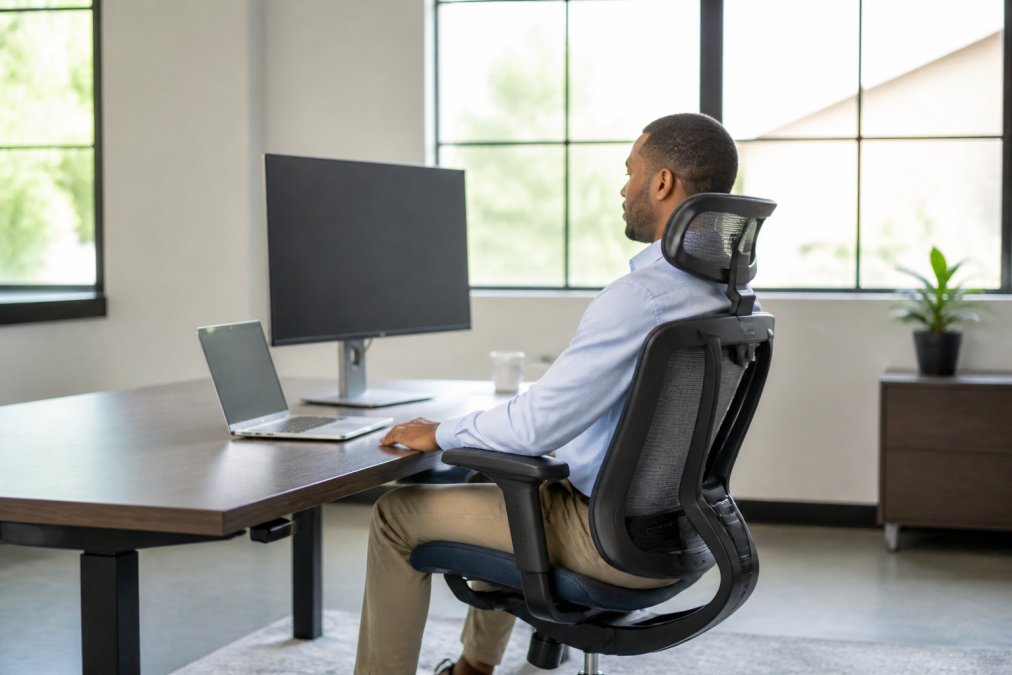 A professional seated comfortably in a modern mesh ergonomic office chair at a clean desk with a monitor and laptop, showing upright posture and relaxed arms on padded armrests, in a bright modern office with natural window light