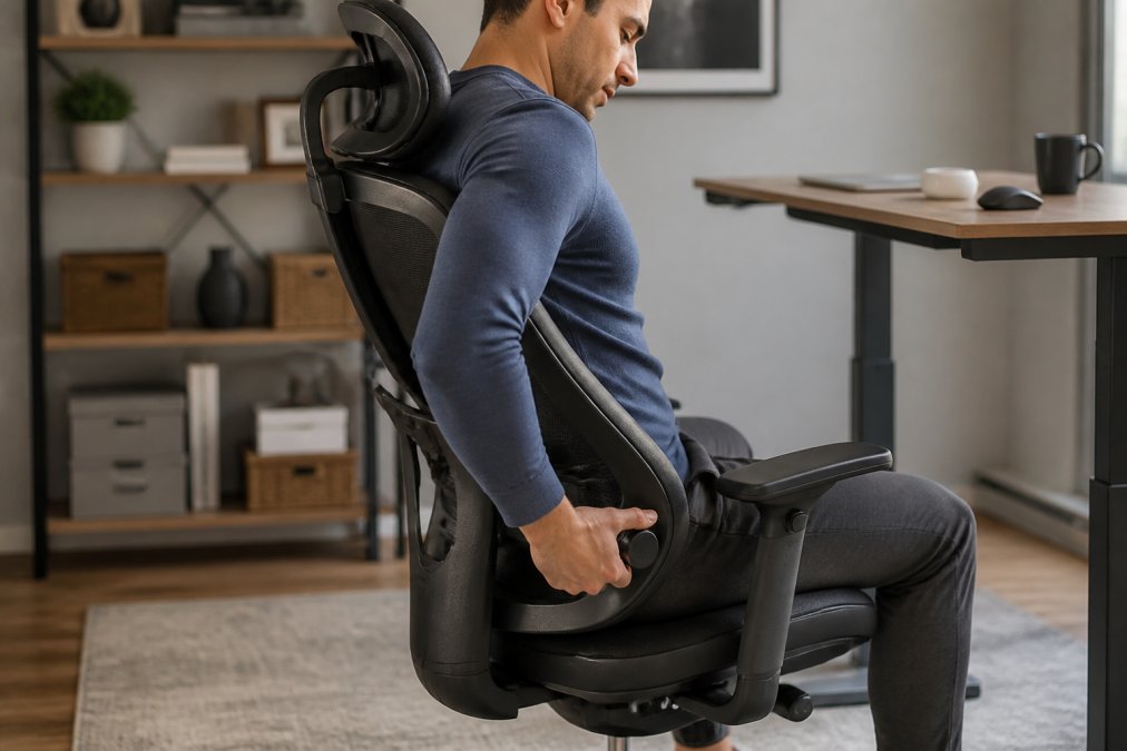 A person adjusting the lumbar support knob on the side of a modern ergonomic office chair, viewed from the side in a bright home office, with a height-adjustable standing desk visible in the background