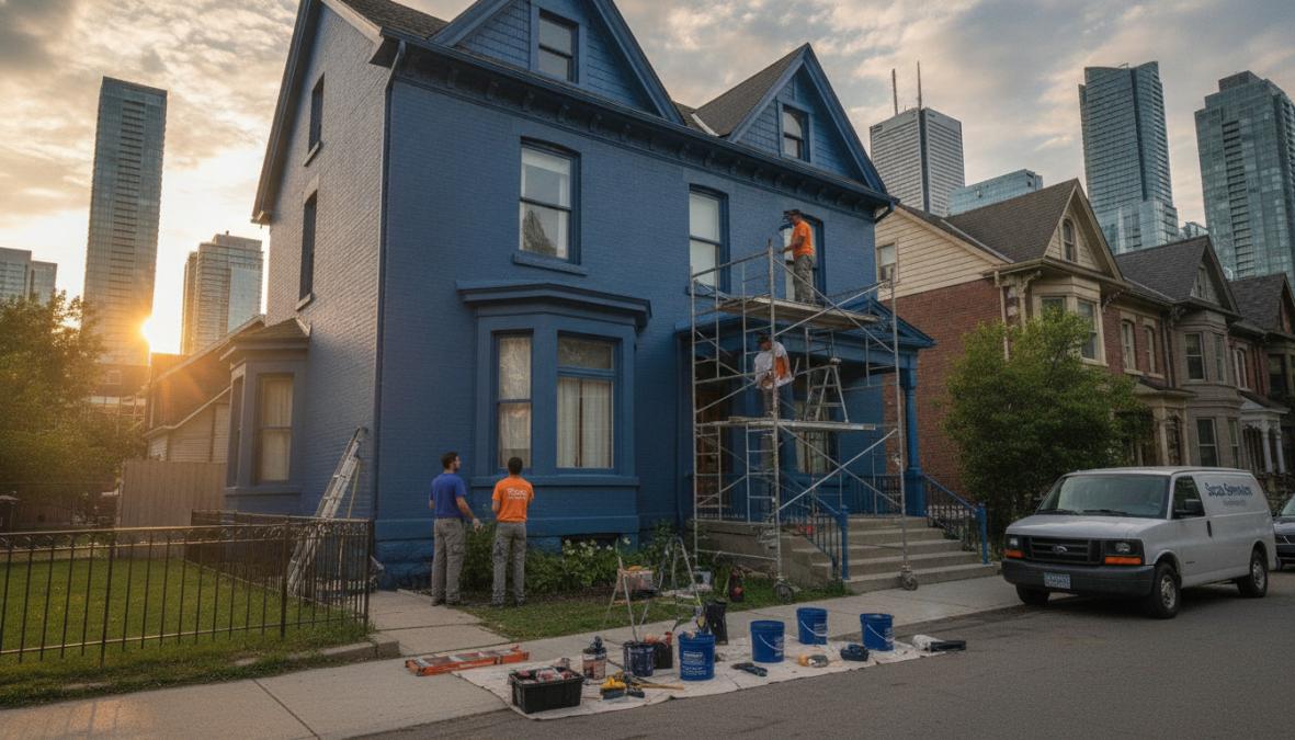 Professional painters carefully preparing brick exterior surface with pressure washing and sanding equipment on residential home